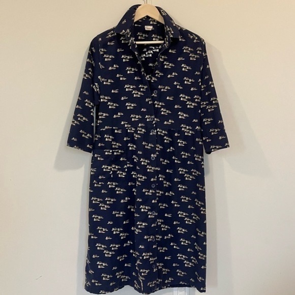 NAVY Blue Vintage Cotton Midi Dress Nautical Boats and Harbour Print Coastal - Picture 3 of 12
